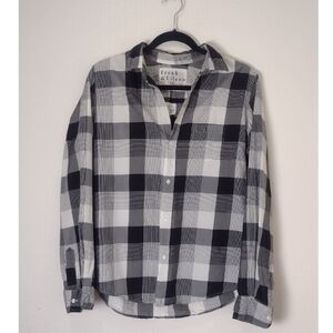 Frank & Eileen Barry Crinkle Cotton Silk  Button Down Shirt Black White Plaid